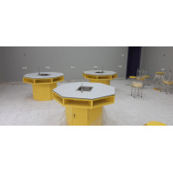 Eight-elementary laboratory bench with electricity and water service, 75 cm high, with a phenolic surface