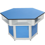 Hexagonal student bench with phenolic surface including electricity and water