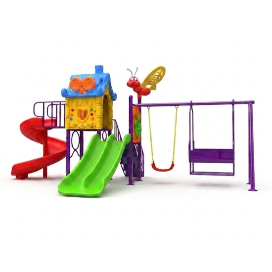 العاب زحاليق خارجية للأطفال – زحليقة مزدوجة مع بيت وأرجوحة مقاس: 480*300*280 سم