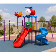 Children's adventure playground with 3 swings, 2 slides and climbing, size: 350 * 535 * 585 cm